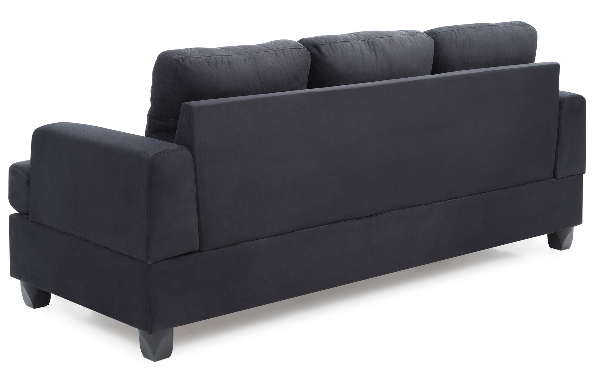 The Sandridge - Sofa is a modern dark-colored piece seen from the back, featuring three seat cushions, wide armrests, and block-style legs.