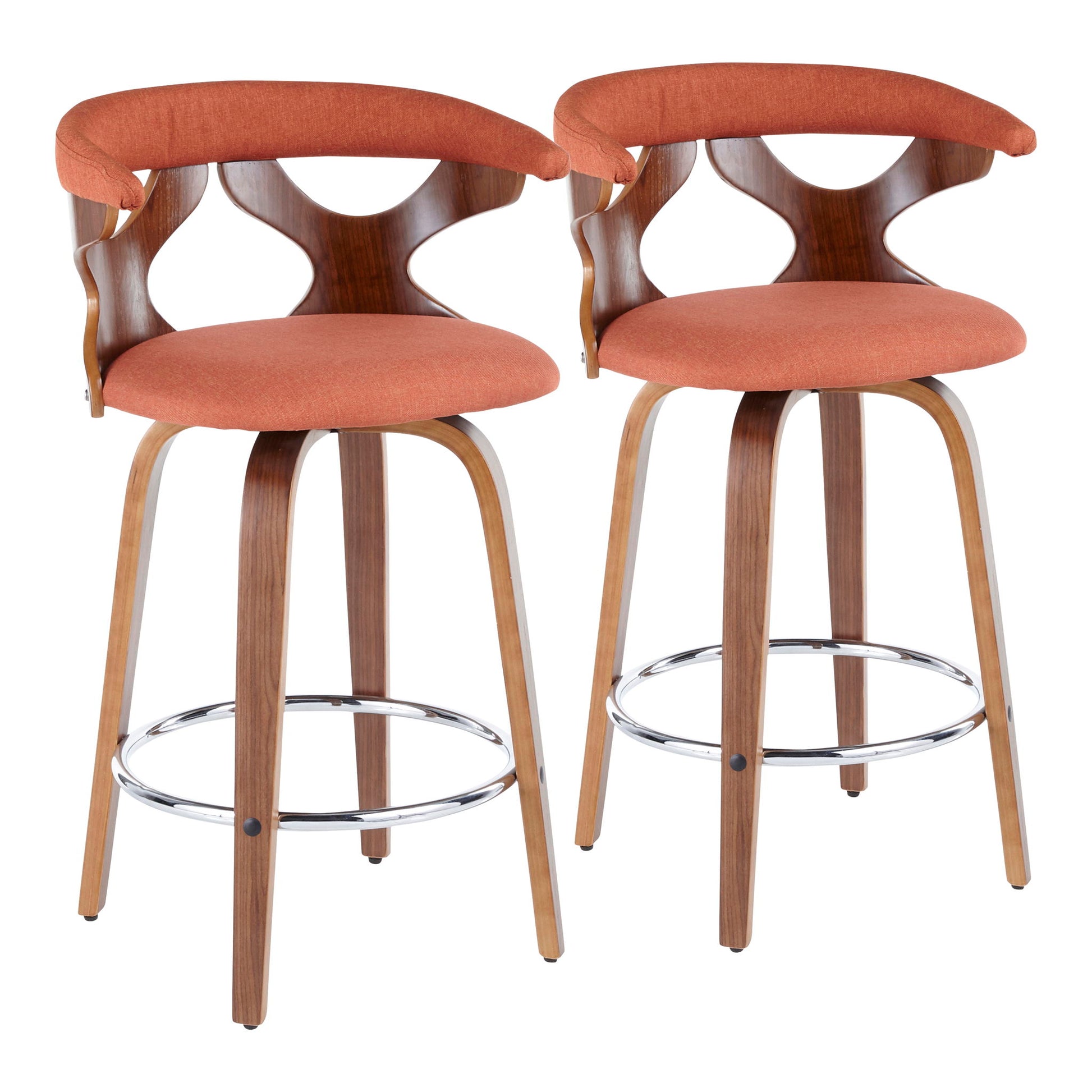 The Gardenia Mid Century Modern Fixed Height Counter Stool (Set of 2) features curved wooden frames, orange upholstered seats and backs, angled wooden legs, metal footrests, and a swivel design.