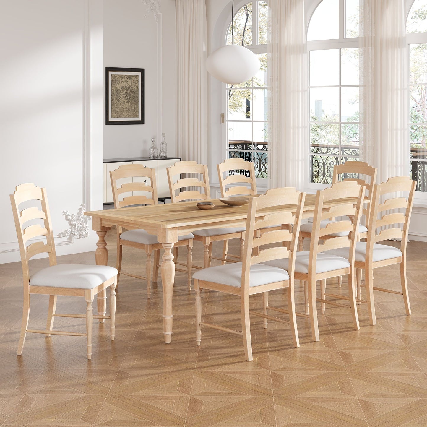A bright dining room features the Topmax Vintage Traditional Extendable Dining Table Set with a removable leaf and eight cushioned chairs on parquet flooring. Large windows with light curtains offer views of trees and a balcony outside.
