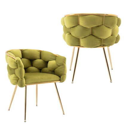 The Luxury Modern Simple Leisure Velvet Single Sofa Chair features gold metal legs and frames with olive green tufted cushioning in a plush, rounded design. One chair is shown from the front, the other from the side and back.