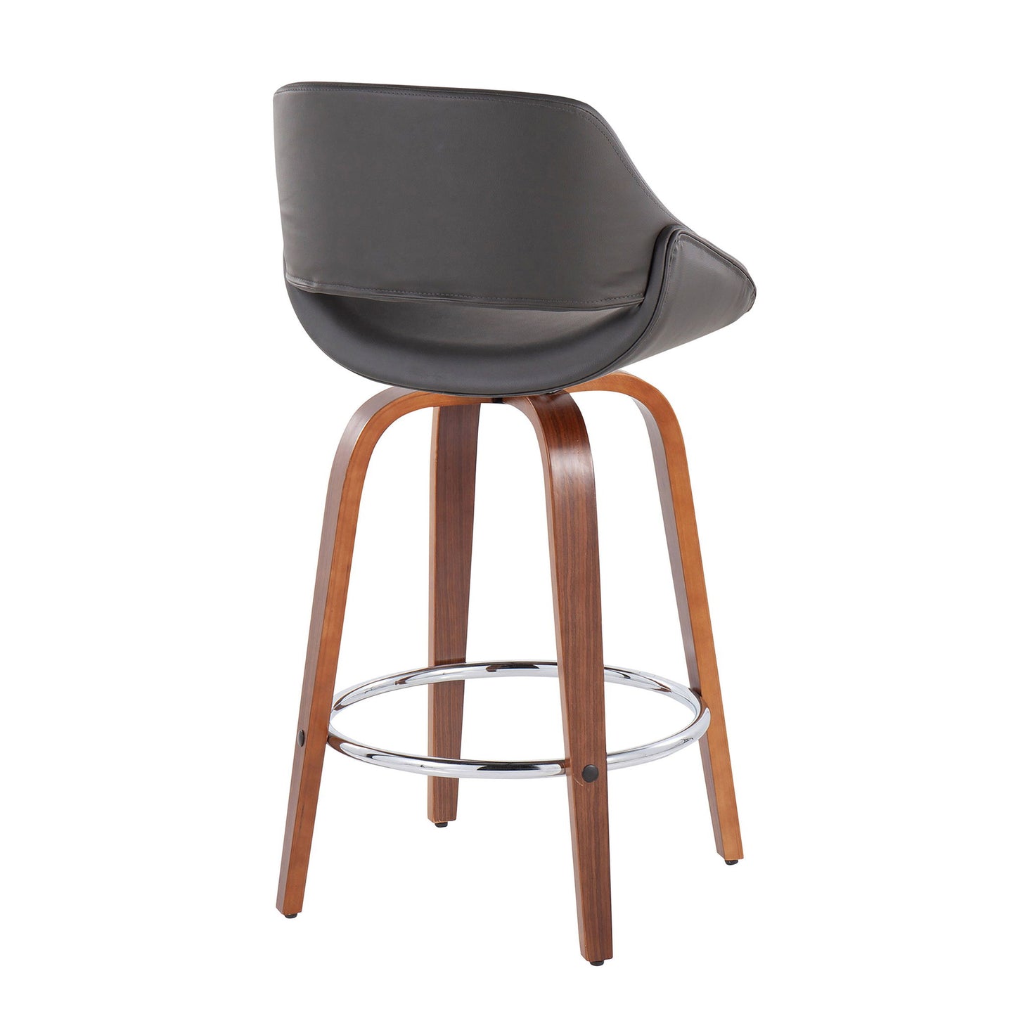 The Fabrico Mid Century Modern Fixed Height Counter Stool set features a curved dark gray cushioned seat, wooden legs, and a round metal footrest, shown from the back against a white background.