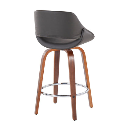 The Fabrico Mid Century Modern Fixed Height Counter Stool set features a curved dark gray cushioned seat, wooden legs, and a round metal footrest, shown from the back against a white background.