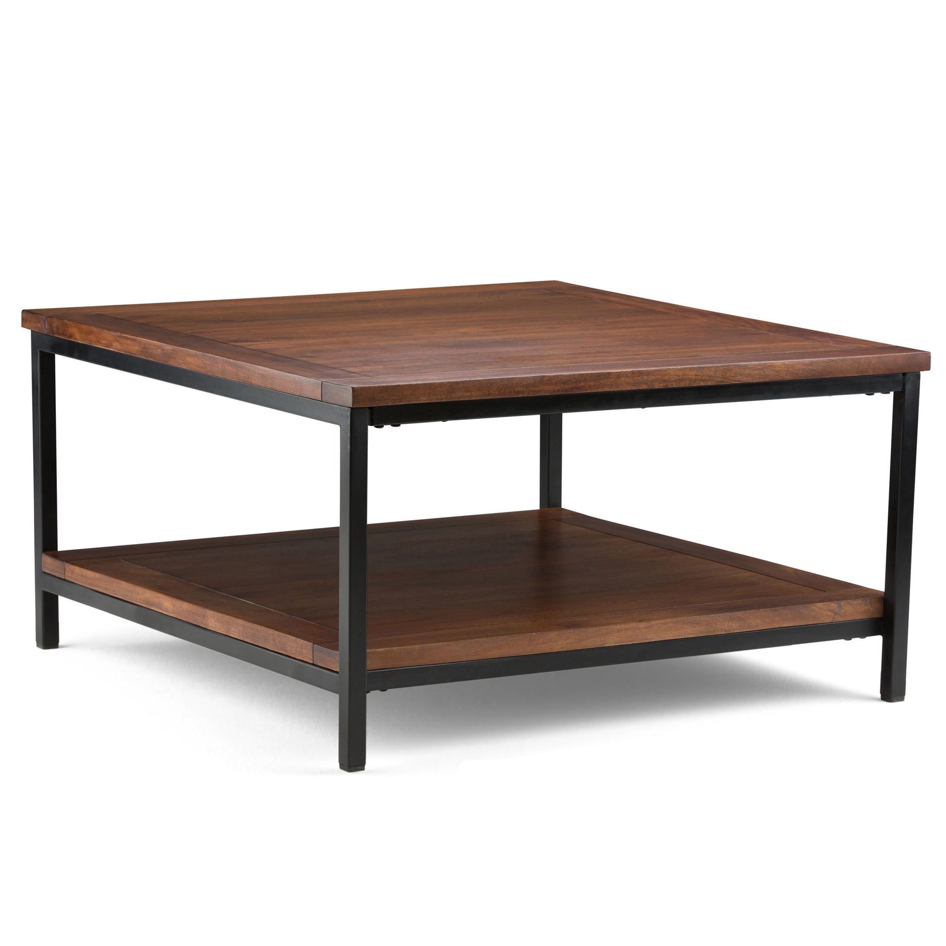 The Skyler - Handcrafted Table is a square wooden coffee table with a black metal frame and a lower wooden shelf for extra storage, designed in a modern minimalist style.