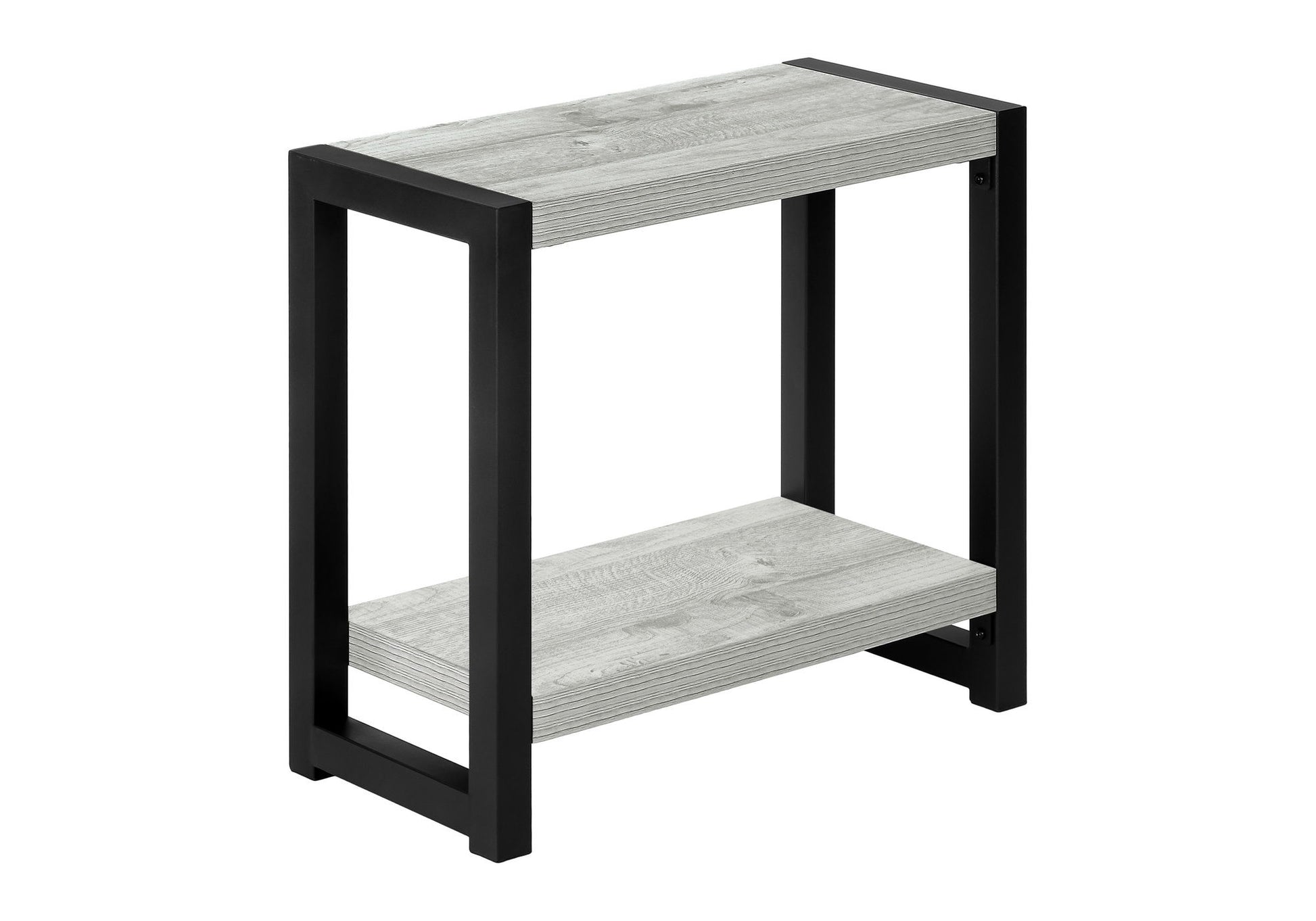 The Accent Side Table is a small, narrow, 2-tier piece with a black metal frame and two light gray wooden shelves. Its contemporary and modern design makes it a perfect minimalist accent for any space.