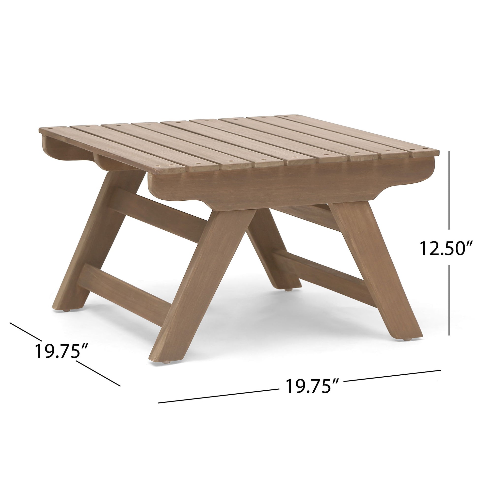 The Sedona Outdoor Side Table features an open slat design, square wooden top, and angled legs, measuring 19.75" W x 19.75" D x 12.5" H.