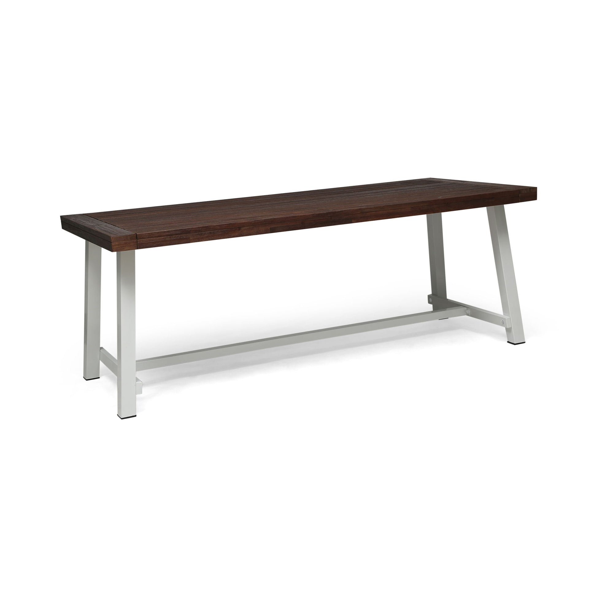 The Equilibrium outdoor dining table features a rectangular wooden slat top and angled white metal legs, set against a plain white background.