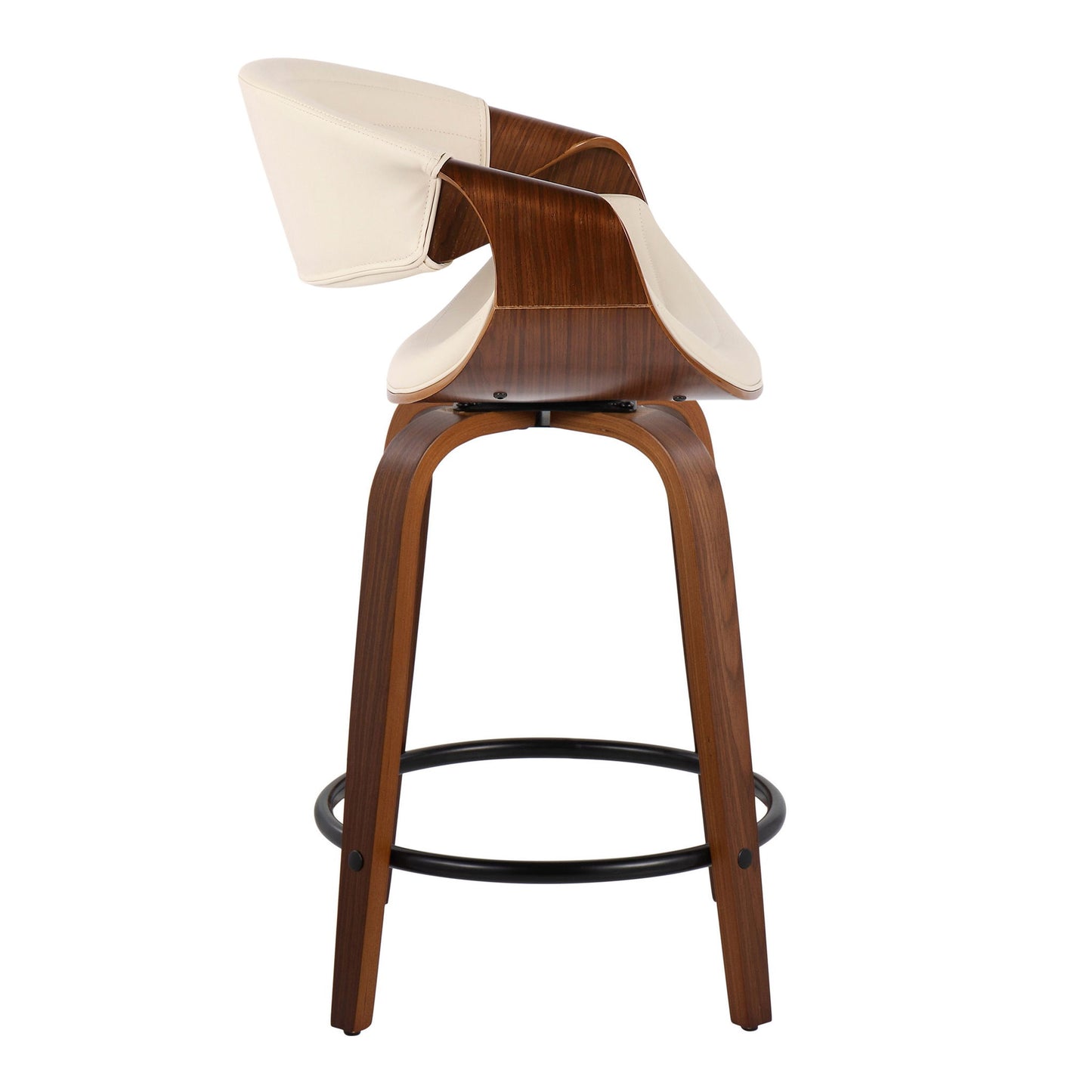 Side view of the Symphony Mid Century Modern Fixed Height Counter Stool with swivel, featuring a curved wooden frame, light beige cushioned seat and backrest, and a round black metal footrest (set of 2).
