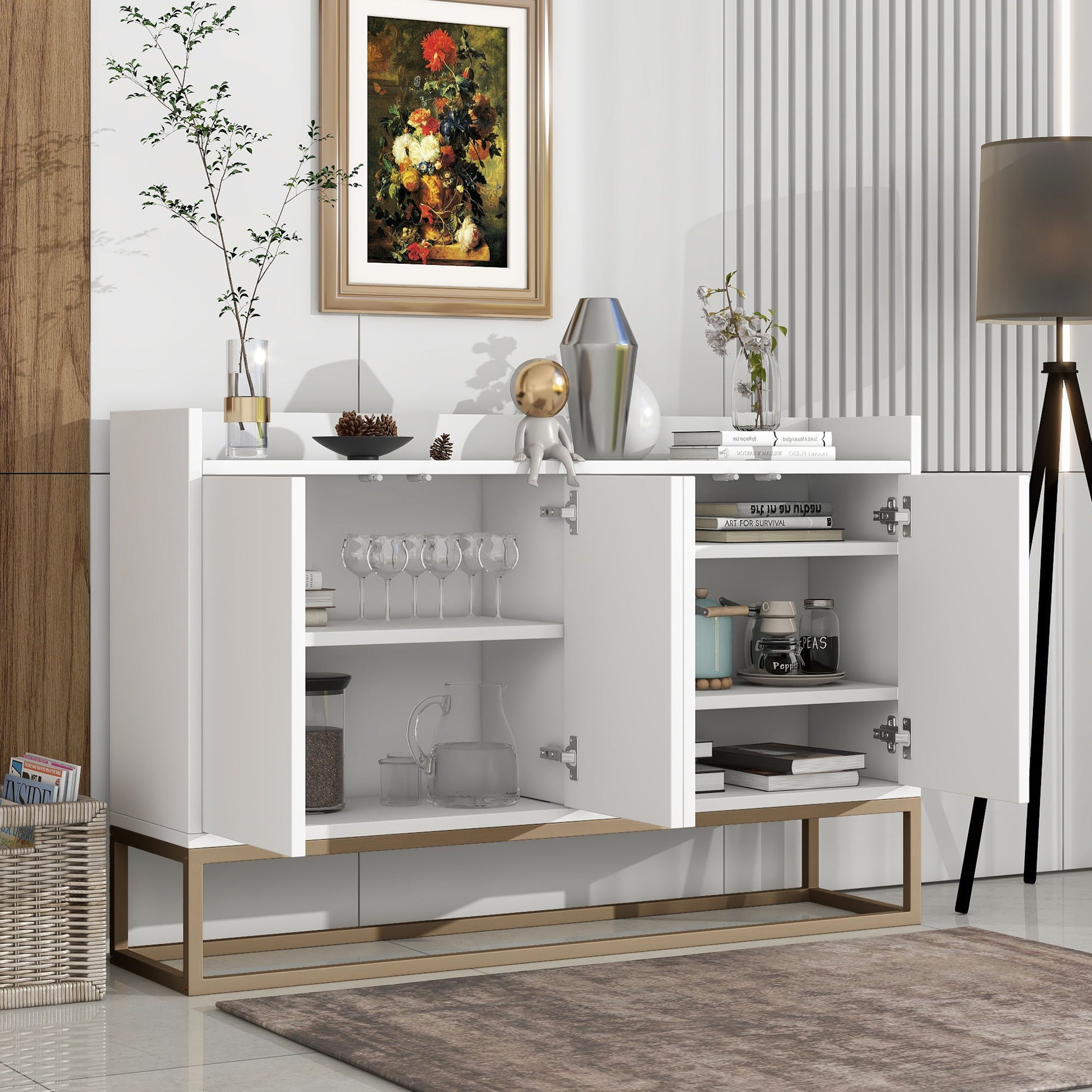 The Modern Sideboard Elegant Buffet Cabinet With Large Storage Space for Dining Room or Entryway features gold legs and open shelves for glassware, dishes, and books. Decorative items, a plant, a vase, and nearby art and lighting complete the stylish scene.