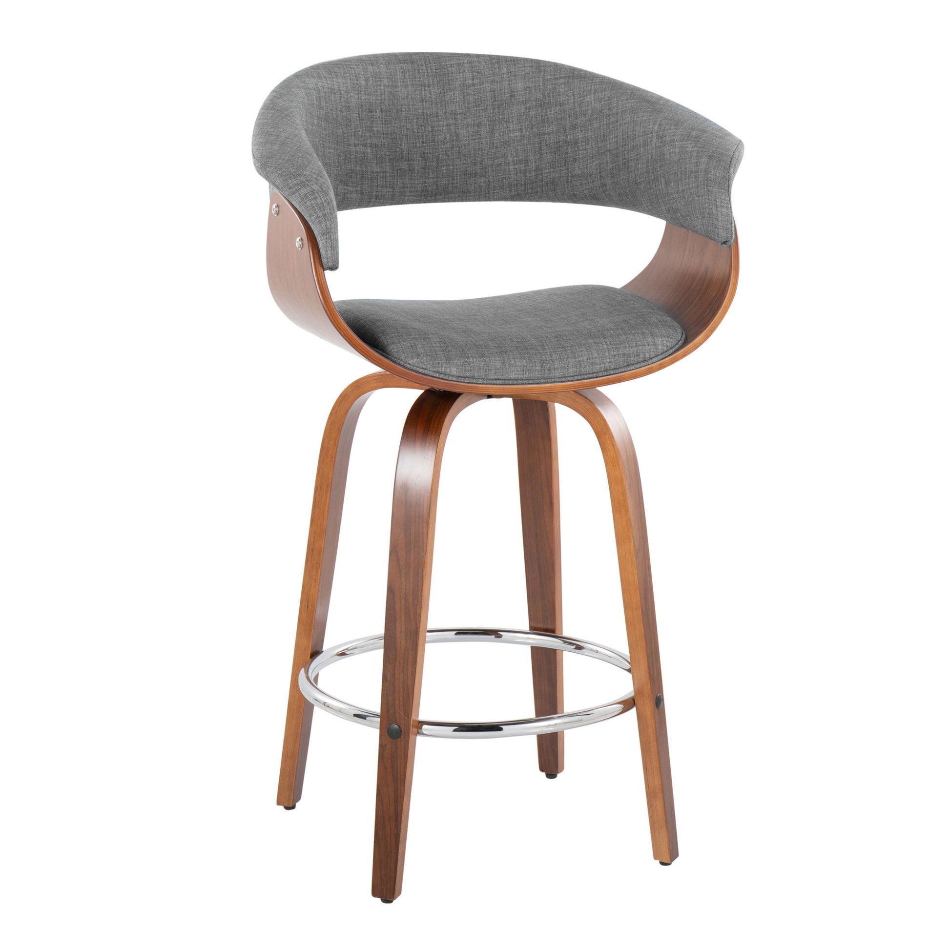 The Vintage Mod - Mid Century Modern Fixed Height Counter Stool (Set of 2) features a curved wooden frame, grey upholstered seat and backrest, four angled wooden legs, and a round chrome footrest with swivel functionality.