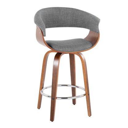 The Vintage Mod - Mid Century Modern Fixed Height Counter Stool (Set of 2) features a curved wooden frame, grey upholstered seat and backrest, four angled wooden legs, and a round chrome footrest with swivel functionality.