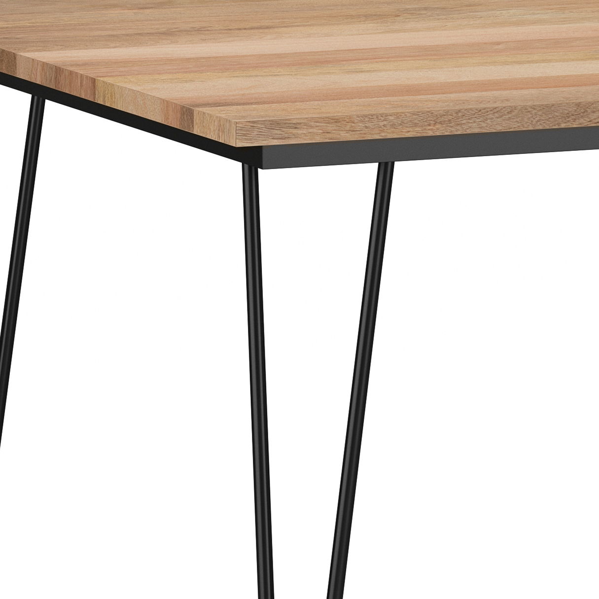 A close-up of the Hunter - Square Tabletop Dining Table showcases its light wood surface and slim black metal legs, with the focus on one corner from an angled perspective.