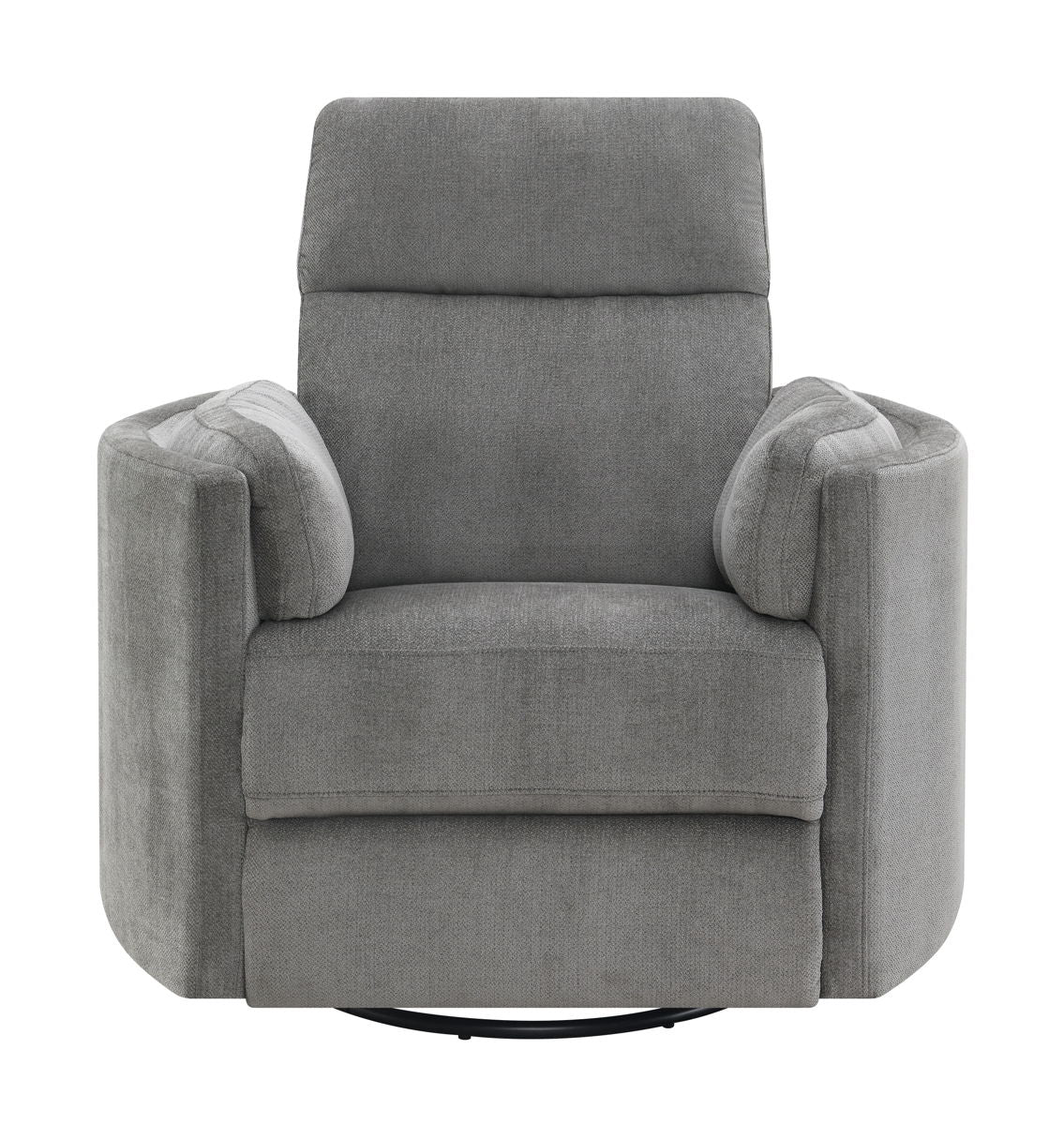 The Sagen - Chenille Glider Recliner features a padded backrest and armrests with a swivel base. Its soft fabric texture ensures comfort, while the modern design adds elegance.