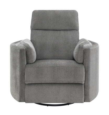 The Sagen - Chenille Glider Recliner features a padded backrest and armrests with a swivel base. Its soft fabric texture ensures comfort, while the modern design adds elegance.