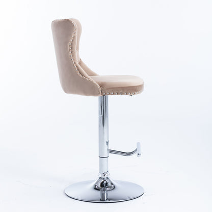 Swivel Velvet Barstools, set of 2, feature modern tan tufted upholstery with high backrests, chrome adjustable bases (seat height 25-33"), footrests, and silver metal stud accents; perfect for home pubs or kitchen islands.