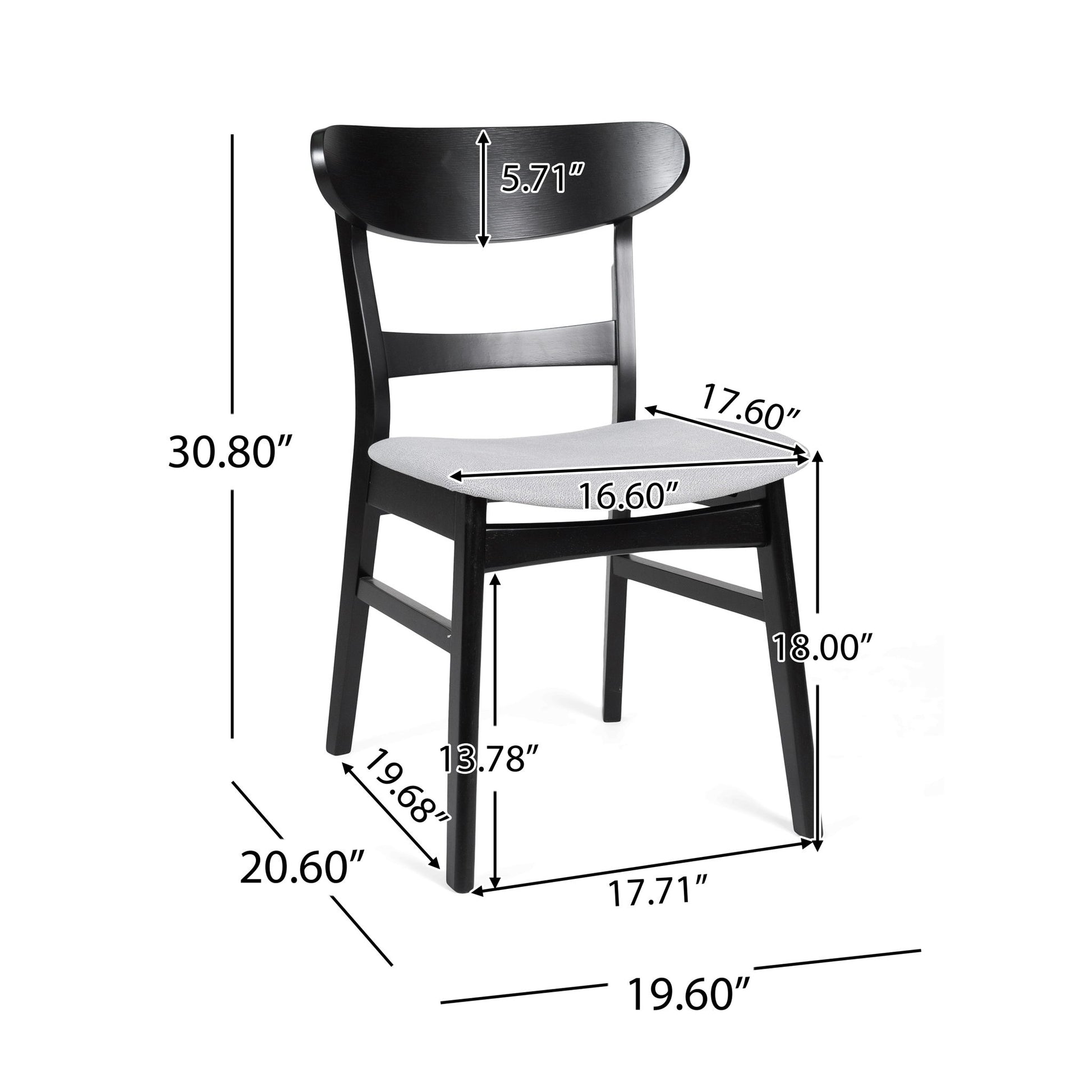 The Mid Century Dining Chairs With Cushioned Seats And Wood Frame (Set of 2) are shown in black with light-colored seats, featuring detailed labeled measurements for height, seat width, seat depth, and backrest width in inches.