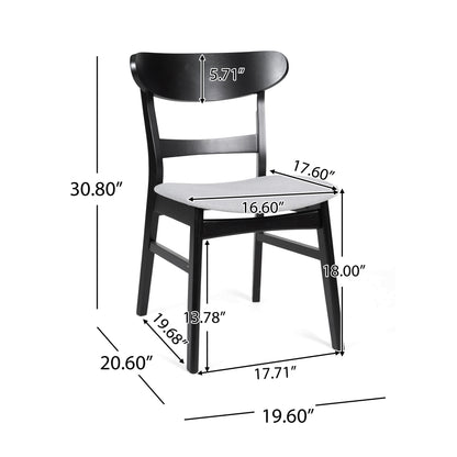 The Mid Century Dining Chairs With Cushioned Seats And Wood Frame (Set of 2) are shown in black with light-colored seats, featuring detailed labeled measurements for height, seat width, seat depth, and backrest width in inches.