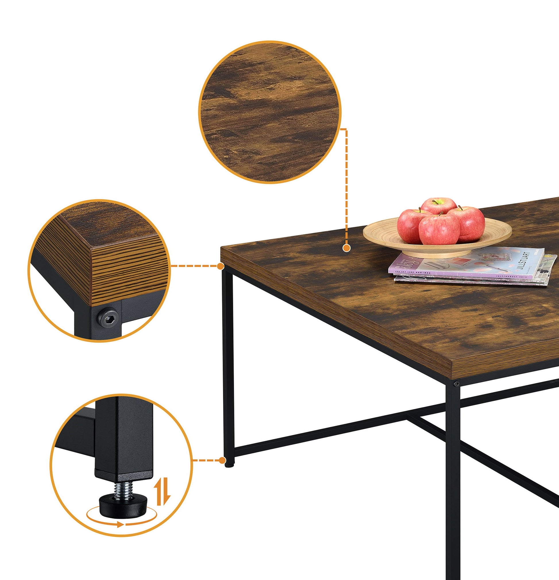 The Caitlin - Wood Grain 5 Piece Coffee Table (Set of 5) is shown with black metal legs. Close-ups highlight the wood grain, reinforced corner, and adjustable foot. A plate with apples and magazines rest on the tabletop.