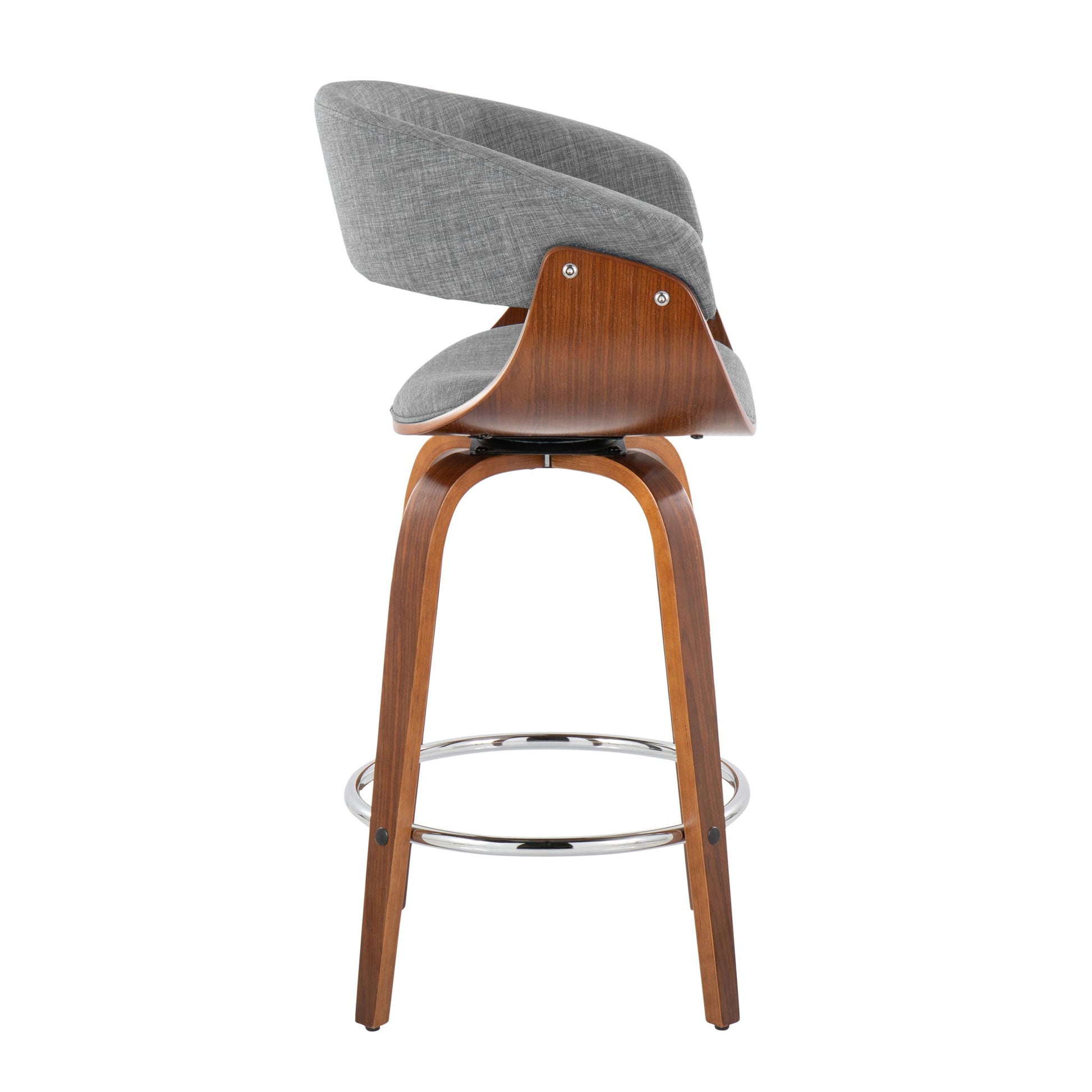 The Vintage Mod Mid Century Modern Fixed Height Counter Stool with swivel and round footrest (set of 2) features a curved gray fabric seat, wooden backrest and legs, shown in side profile against a white background.