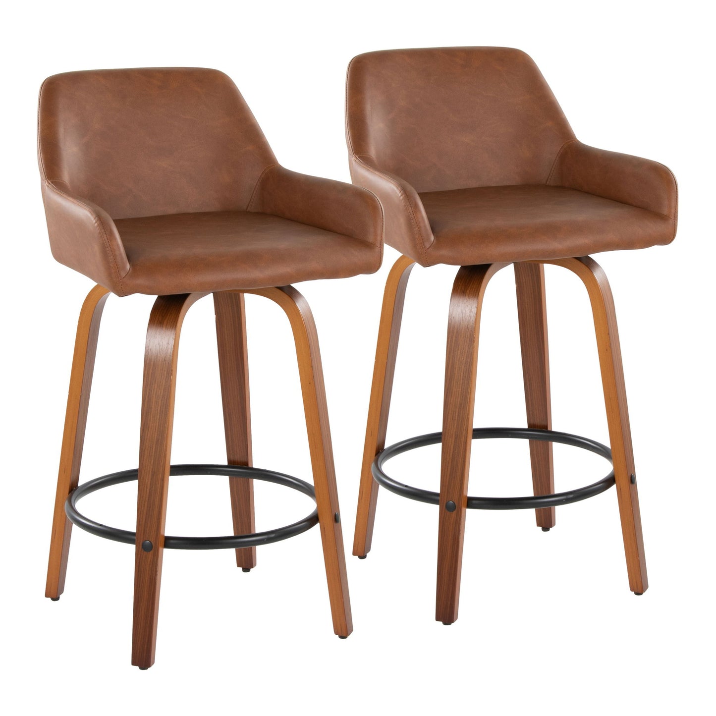 A pair of Daniella Contemporary Fixed Height Counter Stools with swivel, round black metal footrests, curved wooden legs, and brown faux leather low-back seats with armrests are shown side by side on a white background.