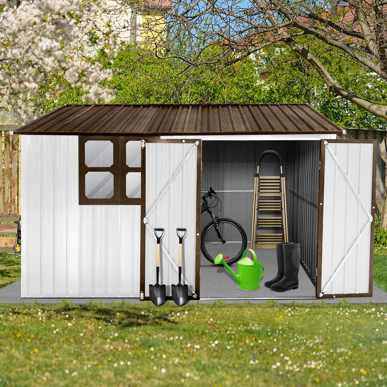 The 10' x 8' Garden Sheds Outdoor Storage Shed With Window is shown with open double doors, revealing a bike, ladder, watering can, and boots inside. Two shovels hang on the door, surrounded by grass, trees, and blooming flowers.