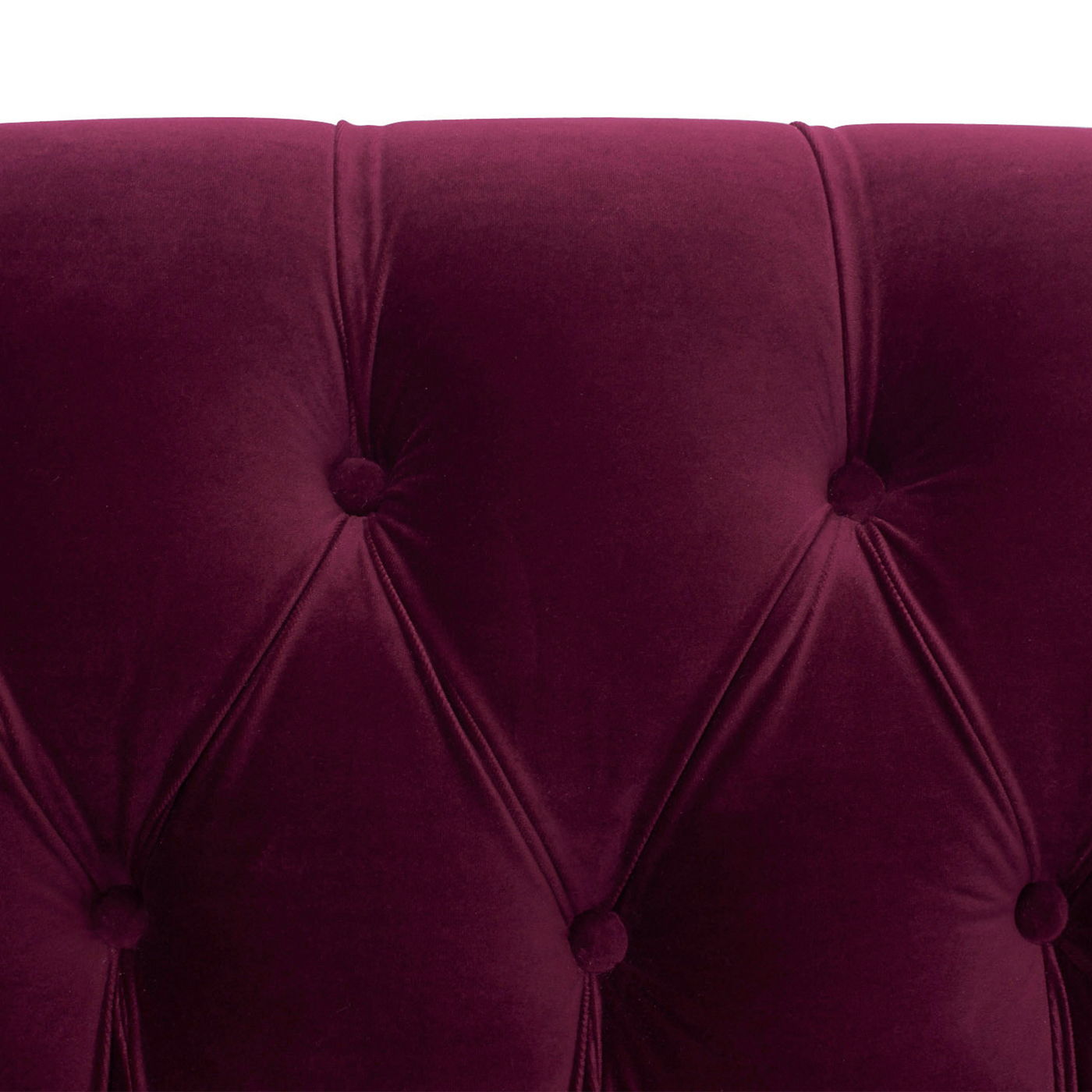 Close-up of the La Rosa - Victorian Chesterfield Tufted Sofa, featuring deep burgundy velvet upholstery and button-tufted accents.