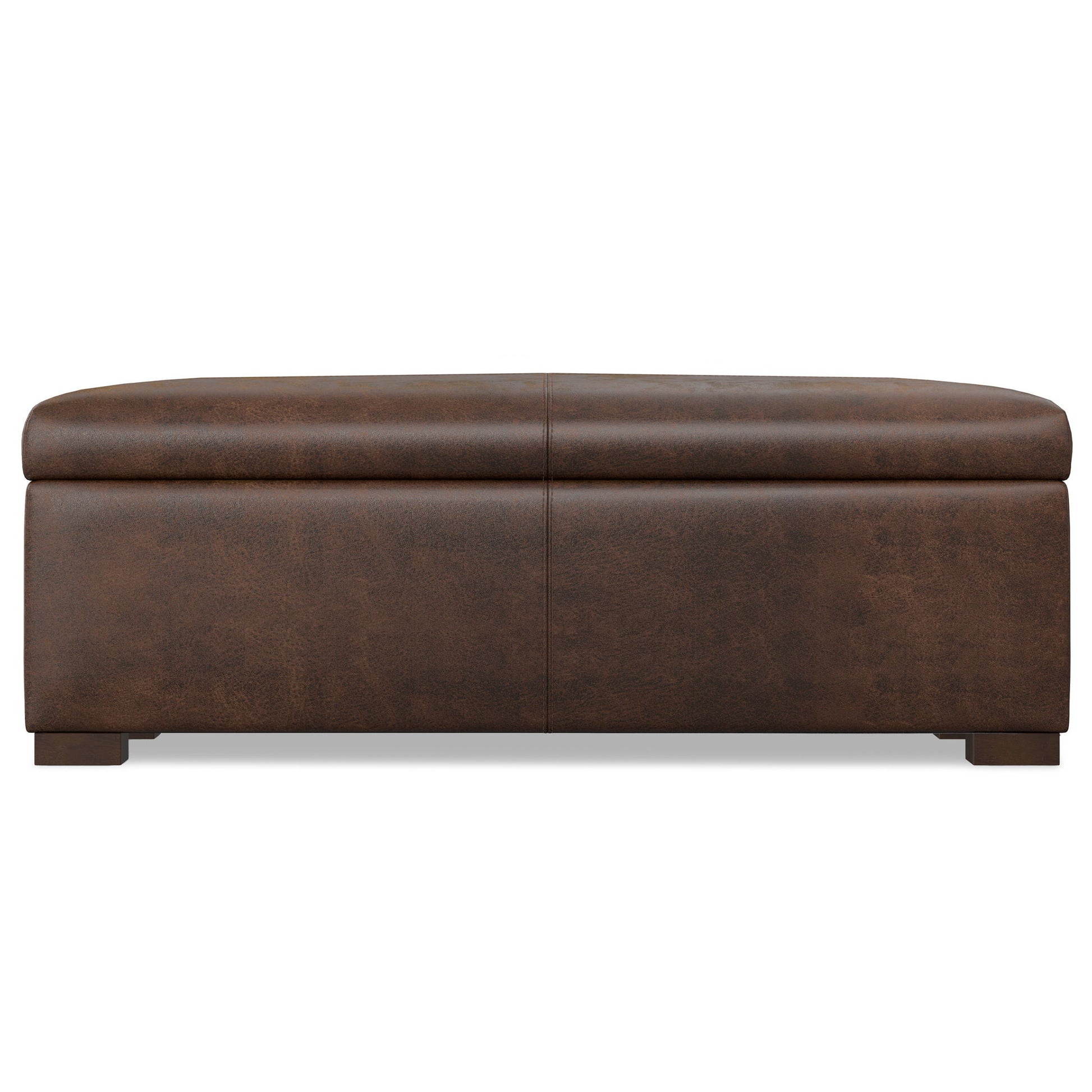 The Gabbie Coffee Table Upholstered Storage Ottoman features a rectangular, brown leather design with a cushioned top and short block legs, shown from the front on a white background.