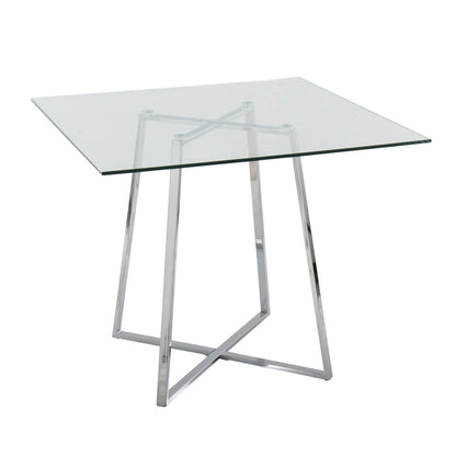The Cosmo contemporary square table features a clear glass top and stylish metal legs in a geometric crisscross design.