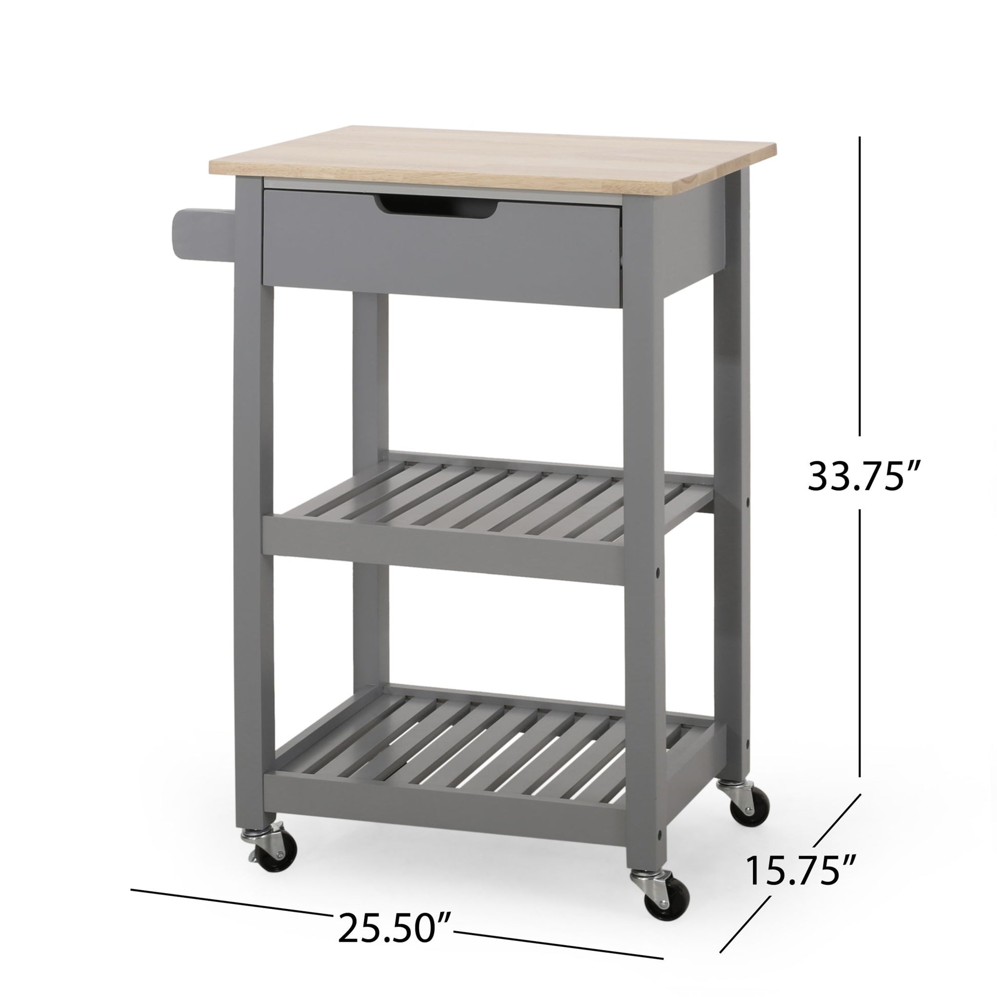 The Tattnall Kitchen Cart With Wheels features a gray finish, wooden top, drawer, two slatted shelves, and side handle. It measures 33.75" high, 25.50" wide, and 15.75" deep.