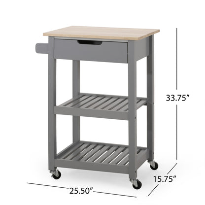 The Tattnall Kitchen Cart With Wheels features a gray finish, wooden top, drawer, two slatted shelves, and side handle. It measures 33.75" high, 25.50" wide, and 15.75" deep.