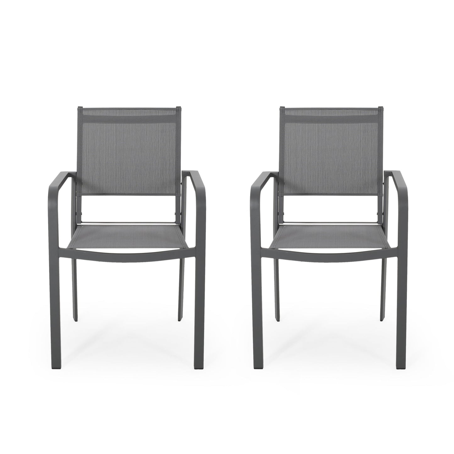 The Waterfal Outdoor Aluminum Dining Chair set includes two modern gray chairs with mesh seats and backs, placed side by side on a white background.