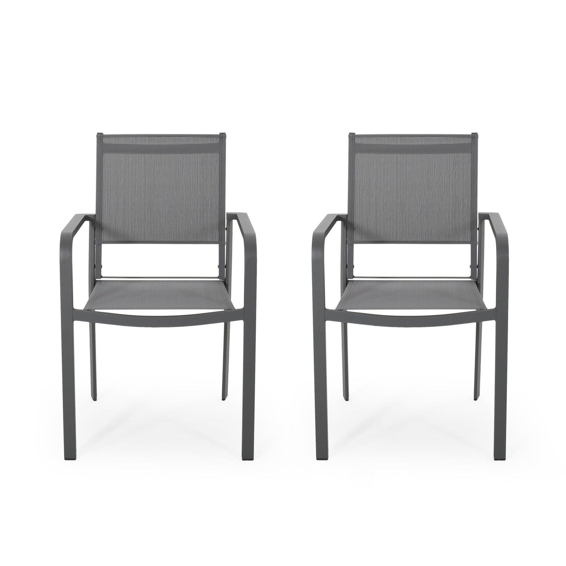 The Waterfal Outdoor Aluminum Dining Chair set includes two modern gray chairs with mesh seats and backs, placed side by side on a white background.