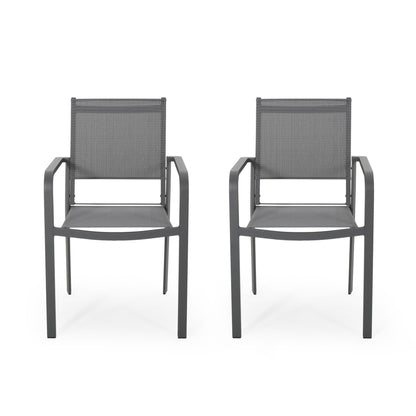 The Waterfal Outdoor Aluminum Dining Chair set includes two modern gray chairs with mesh seats and backs, placed side by side on a white background.