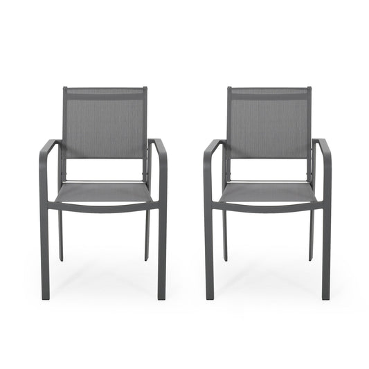 The Waterfal Outdoor Aluminum Dining Chair set includes two modern gray chairs with mesh seats and backs, placed side by side on a white background.