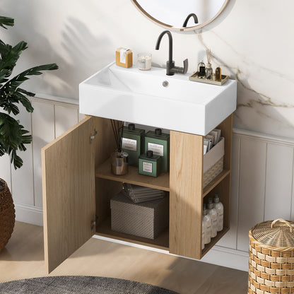The Modern Floating Bathroom Vanity With Ceramic Basin is perfect for small bathrooms and features a white rectangular sink, black faucet, open wood cabinet with organized storage shelves, plus a round mirror and plant nearby.
