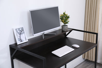 A sleek black Console Table Narrow Modern Entryway Table displays a computer monitor, white keyboard, mouse, potted plant, and framed abstract art against a white wall with beige curtains—perfect for modern living rooms or hallways.