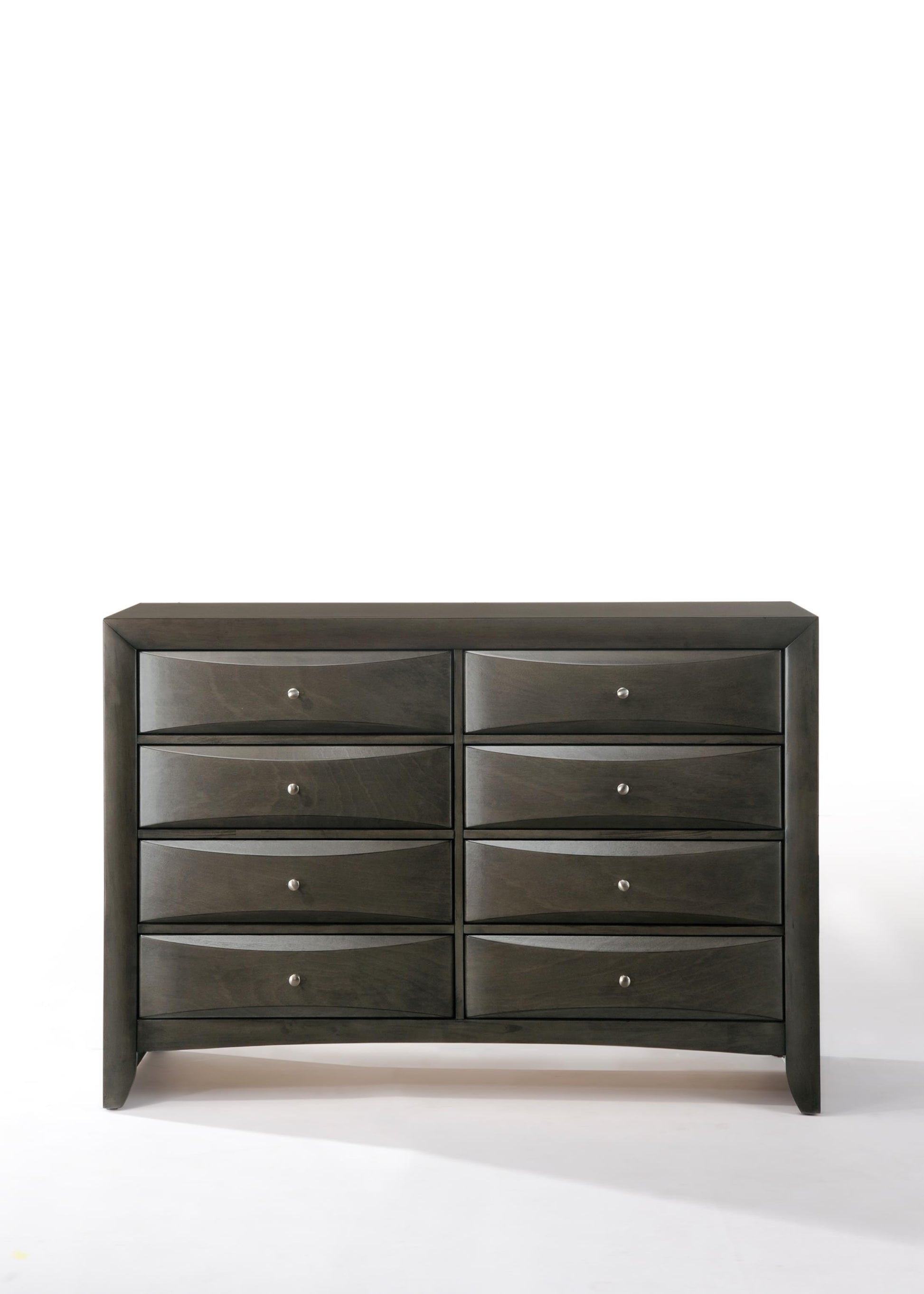 The Ireland - Ample Storage Dresser is a dark wood piece with eight drawers in two columns. Each drawer has a small round silver knob. The dresser stands on four legs against a plain white background.