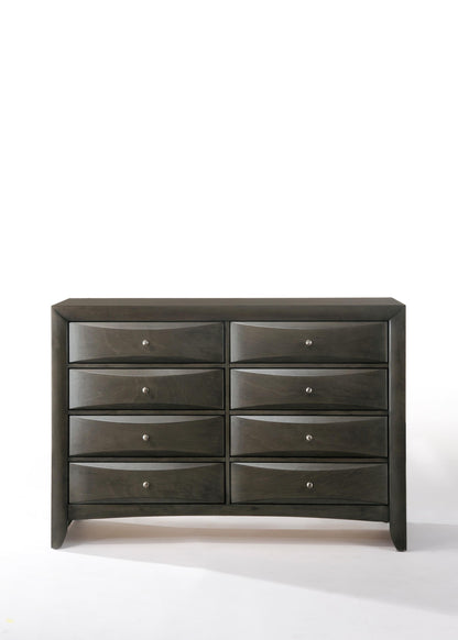The Ireland - Ample Storage Dresser is a dark wood piece with eight drawers in two columns. Each drawer has a small round silver knob. The dresser stands on four legs against a plain white background.