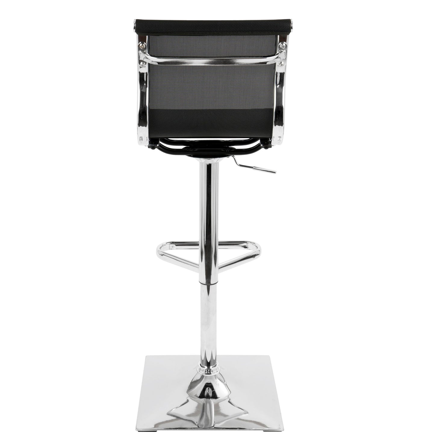 The Mirage - Contemporary Adjustable Barstool With Swivel features a black mesh backrest, chrome metal frame, square base, footrest, and adjustable lever, shown from the back.