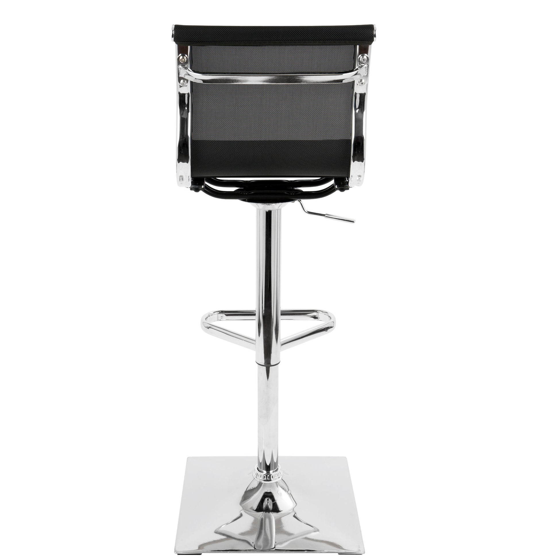 The Mirage - Contemporary Adjustable Barstool With Swivel features a black mesh backrest, chrome metal frame, square base, footrest, and adjustable lever, shown from the back.