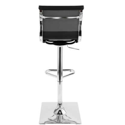 The Mirage - Contemporary Adjustable Barstool With Swivel features a black mesh backrest, chrome metal frame, square base, footrest, and adjustable lever, shown from the back.
