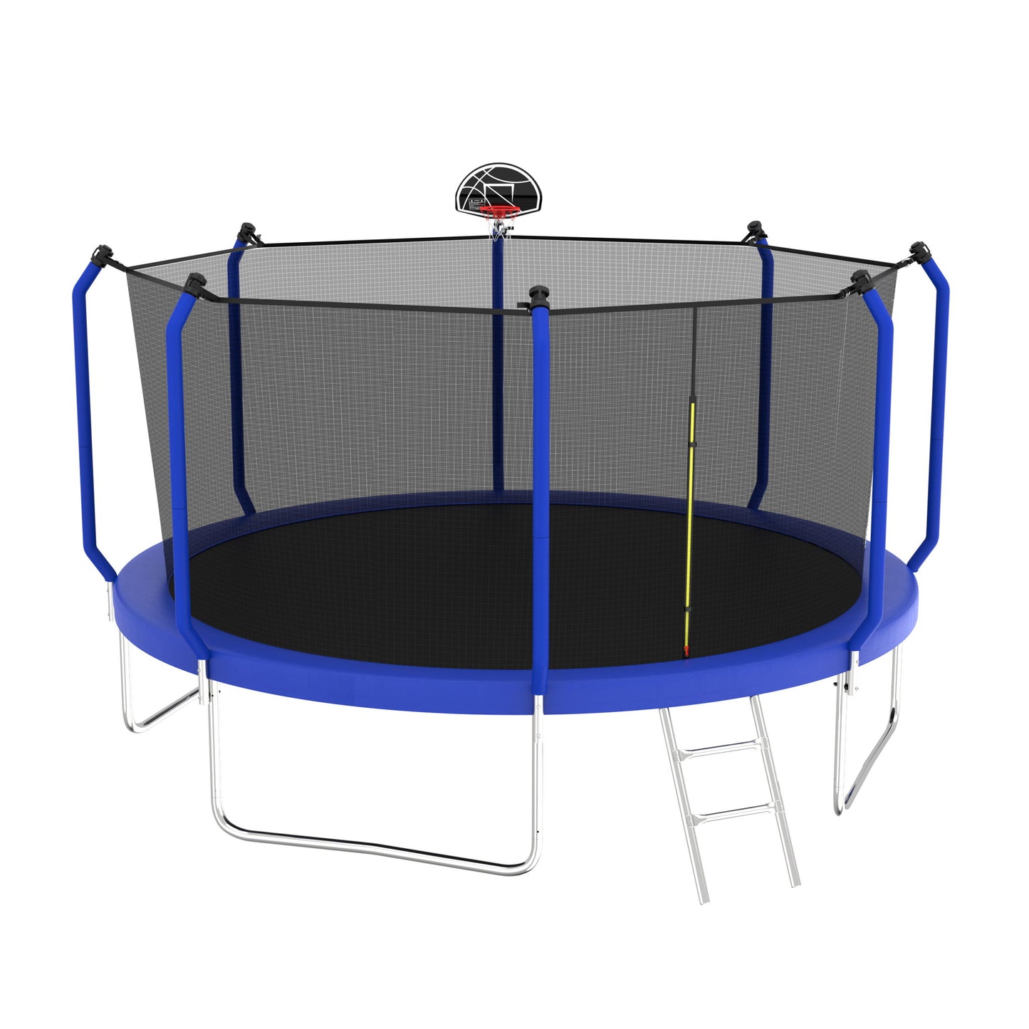 The Trampoline With Basketball Hoop, ASTM Approved Reinforced Type Outdoor Trampoline features blue padding, a safety net enclosure, ladder, attached basketball hoop on the net, and a silver metal frame against a plain white background.