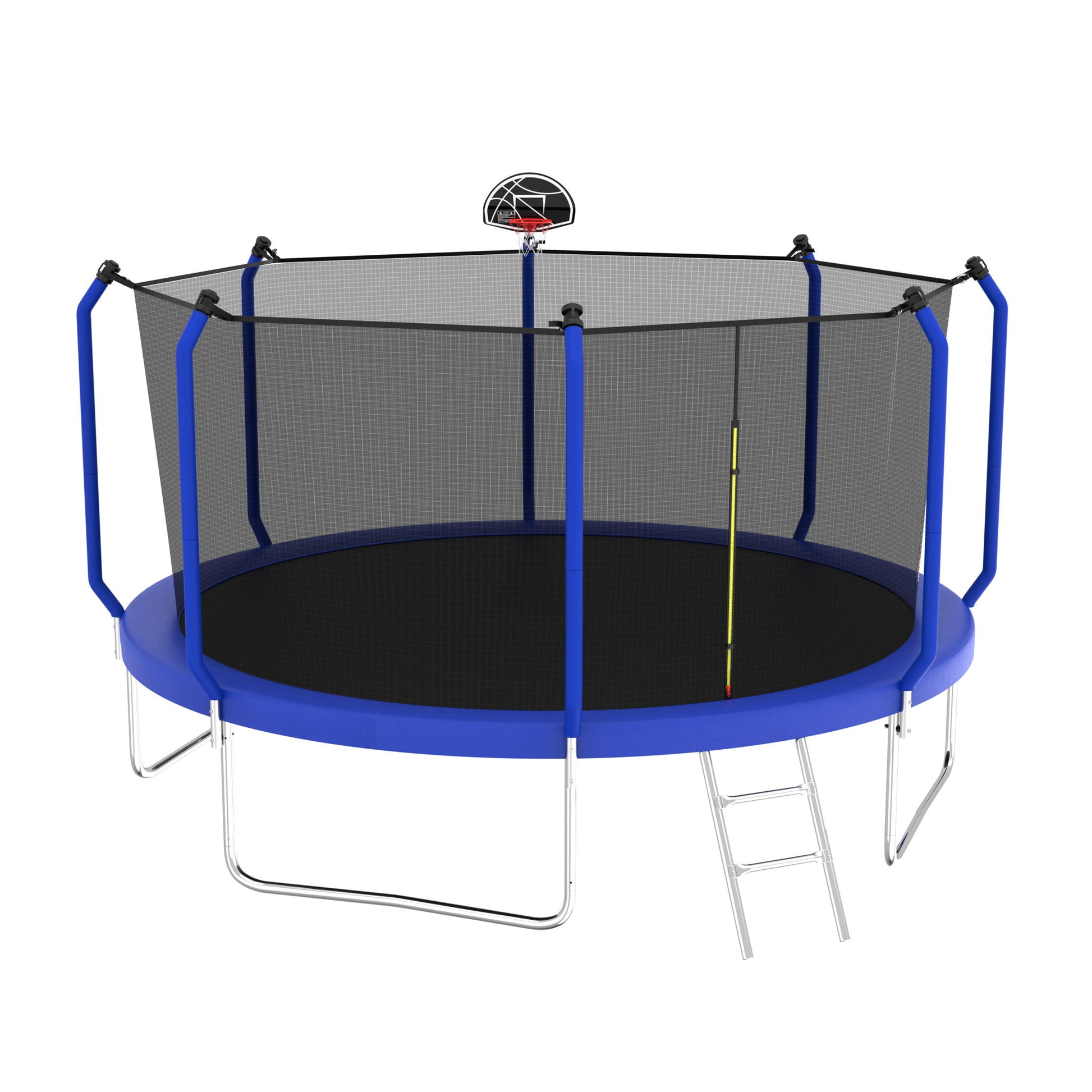 The Trampoline With Basketball Hoop, ASTM Approved Reinforced Type Outdoor Trampoline features blue padding, a safety net enclosure, ladder, attached basketball hoop on the net, and a silver metal frame against a plain white background.