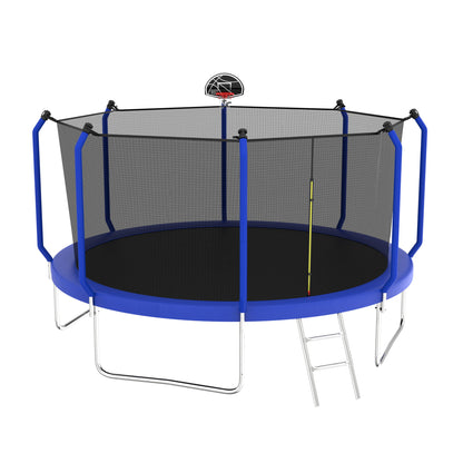 The Trampoline With Basketball Hoop, ASTM Approved Reinforced Type Outdoor Trampoline features blue padding, a safety net enclosure, ladder, attached basketball hoop on the net, and a silver metal frame against a plain white background.