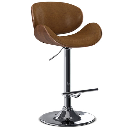 The Marana - Multifunctional Handcrafted Bentwood Adjustable Swivel Bar Stool features a curved brown leather seat, wooden backrest, and a shiny chrome base with footrest.
