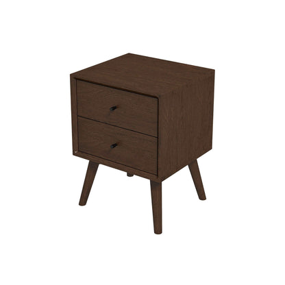 The Caroline night stand is a mid-century modern style piece in white, featuring two drawers with small black handles and four angled legs.