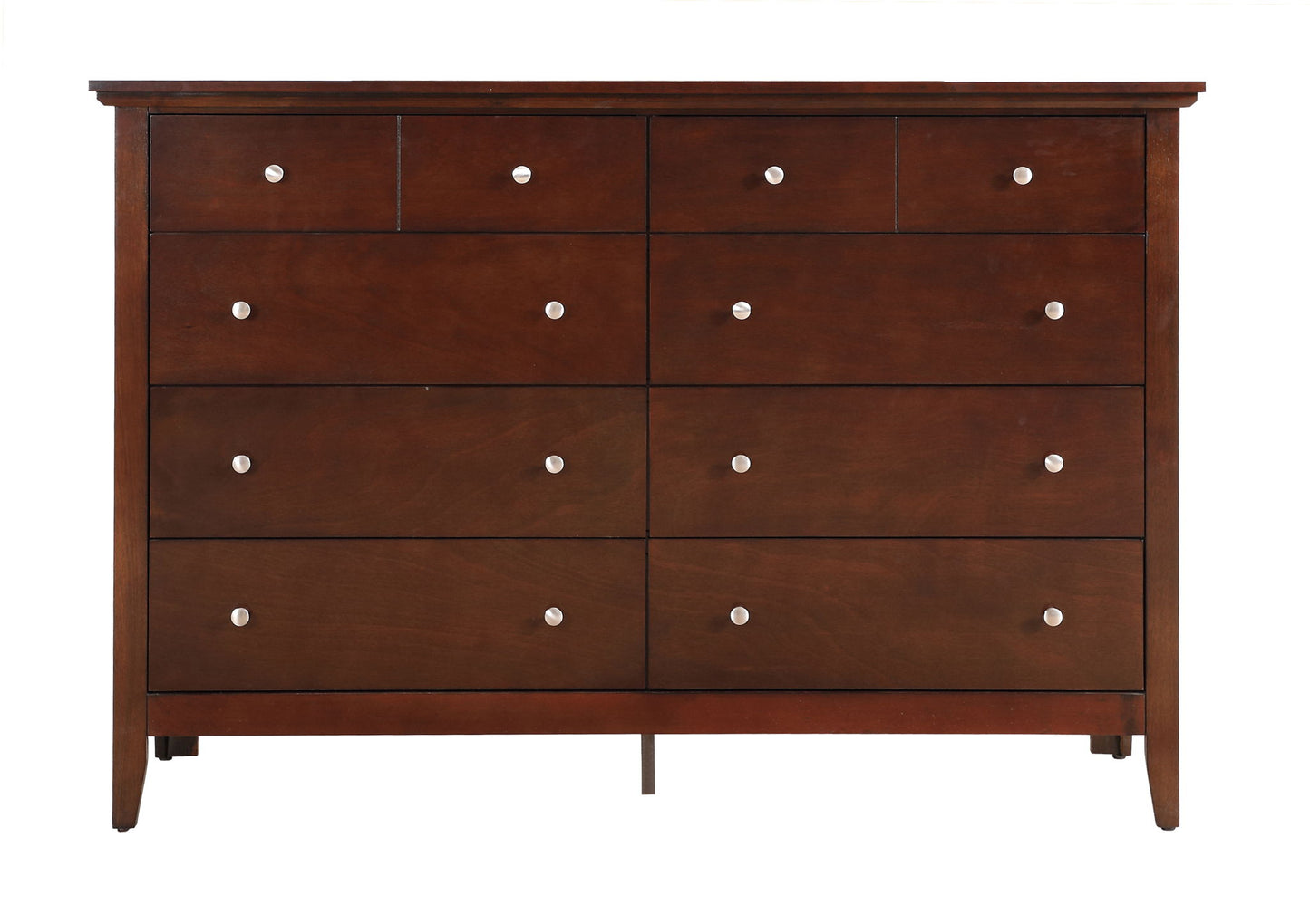 The Elegant Casual Dresser For Any Room is a wooden dresser with a dark brown finish, featuring nine drawers in three rows, each with a round silver knob.