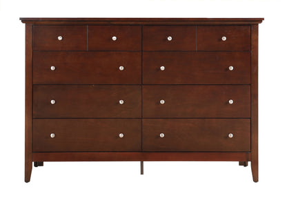 The Elegant Casual Dresser For Any Room is a wooden dresser with a dark brown finish, featuring nine drawers in three rows, each with a round silver knob.