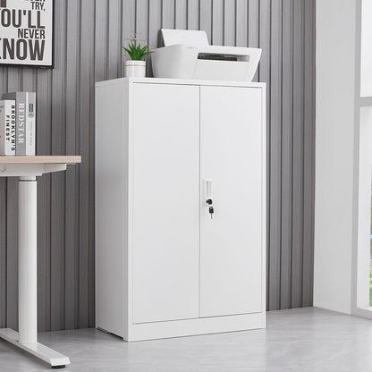 A Metal Storage Cabinet With Locking Doors And Adjustable Shelf stands against a gray striped wall. A printer, potted plant, and framed sign sit on top, next to a white desk on the left. This folding storage locker is ideal for home offices or garages.