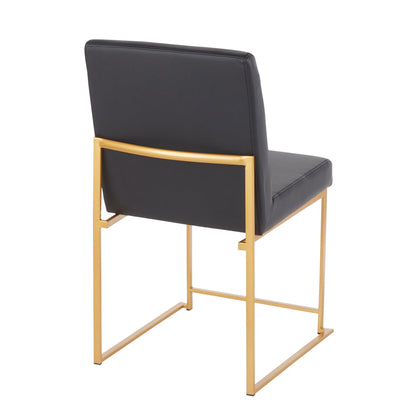 The Fuji - Contemporary Stylish Frame, High Back Dining Chair (Set of 2) features a sleek gold metal frame, open back design, and black upholstered seat and backrest, shown from behind and to the side.