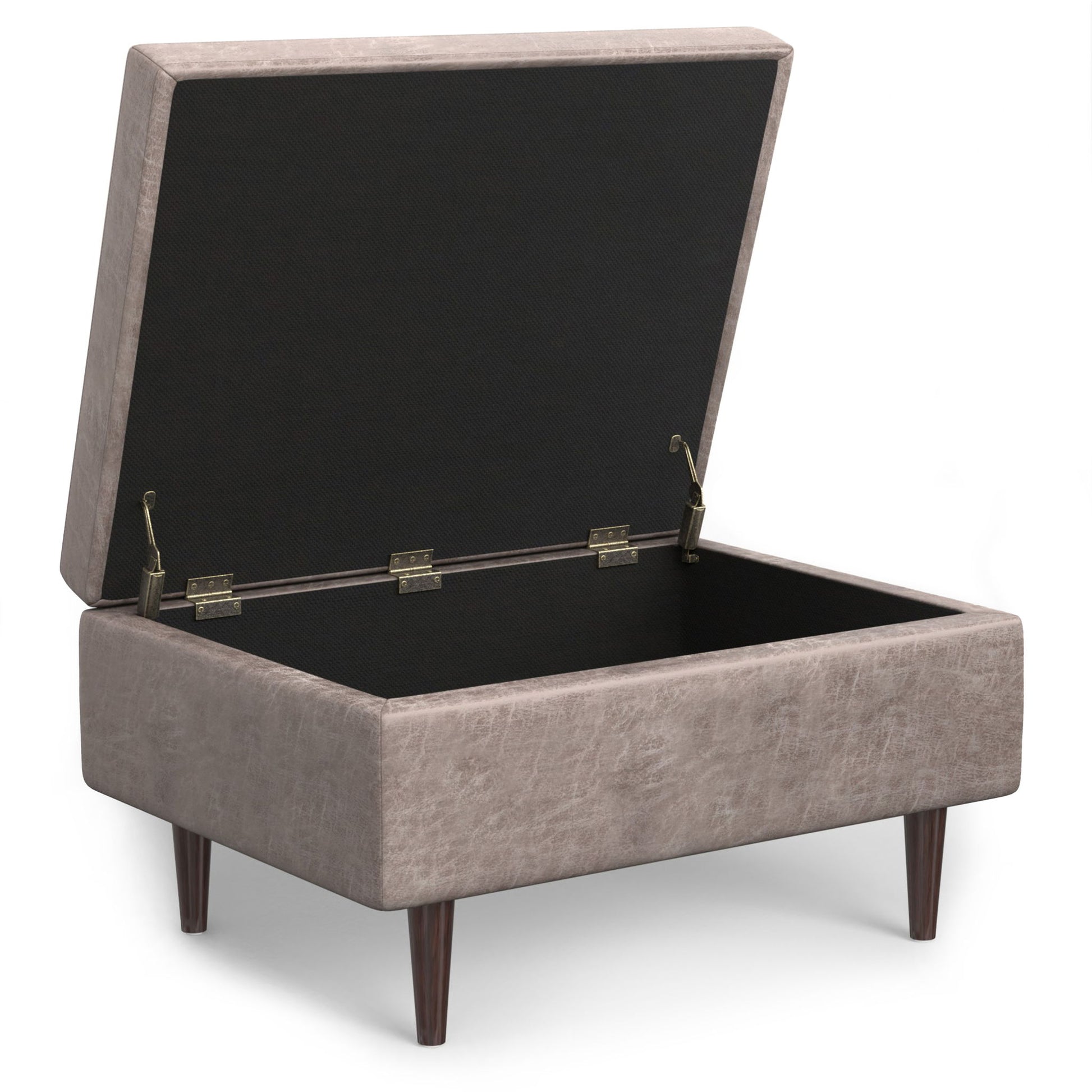 The Shay Large Square Coffee Table Storage Ottoman features mid-century style, light brown upholstery, wooden legs, and a hinged lid that opens to reveal a spacious interior compartment.